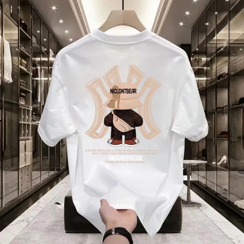 Modisches Bären-Print Rundhals-Kurzarm-T-Shirt für Herren, Sommerliche Amerikanische Modemarke, Halbarm-Oberteil im Losen Schnitt – Detail 3
