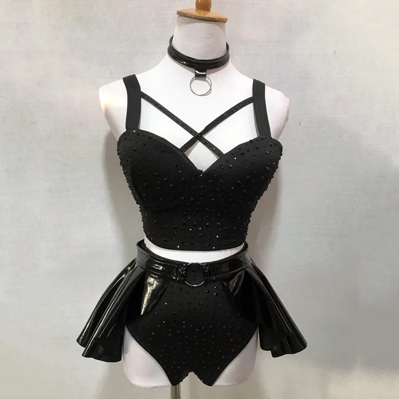 

Sexy Bar Nightclub Stage DJ Gogo Dancer Pole Dance Outfit Women Team Sparkling Rhinestones Black Split Set Performance Costume