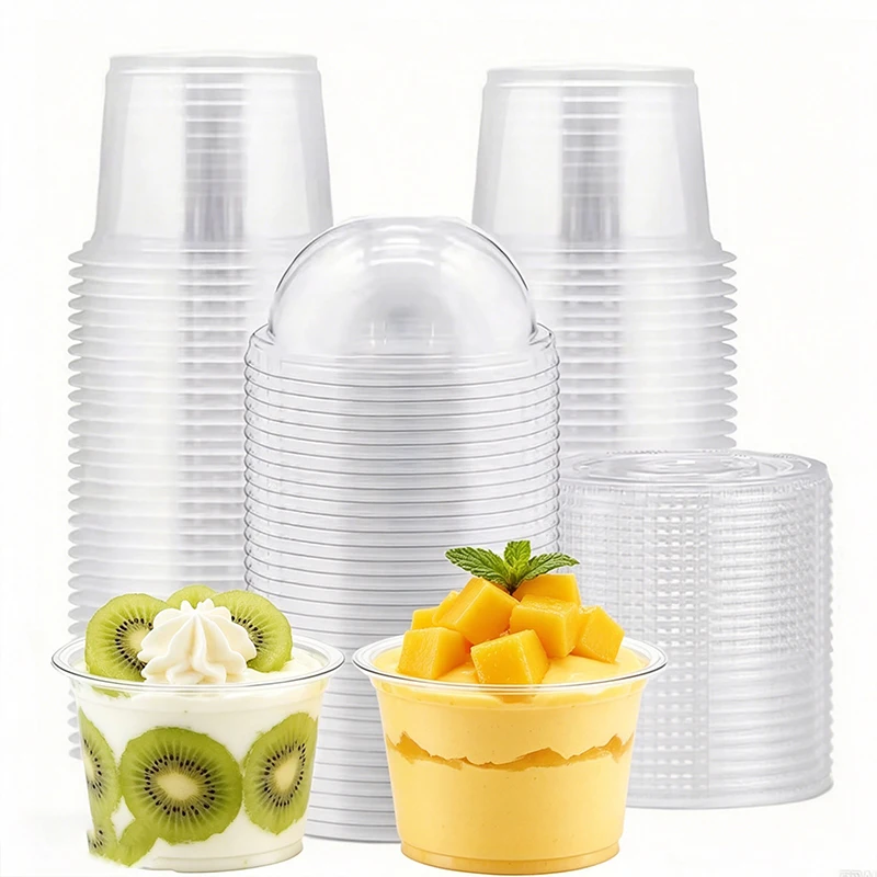50 Vasos Desechables de Plástico para Fiestas, Vasos para Pudín, Helado y Postre con Tapas, Contenedores para Postre para Bodas, Cumpleaños y Picnics
