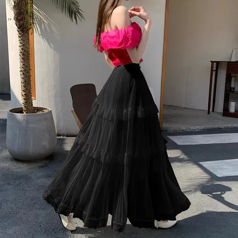 Retro Süßer Weißer Langer Rock für Damen, Lässiger Lockerer Rock mit Hoher Taille, Eleganter Vintage-Rock mit Spitzenbesatz, Koreanischer Sommer-Langrock – Detail 9