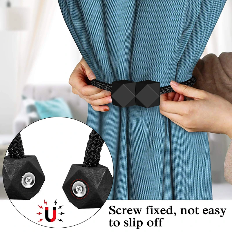 2pcs Curtain Tiebacks with Strong Magnet Thick Rope Design Bedroom Living Room Kitchen Durable Plastic Home Decor Accessory