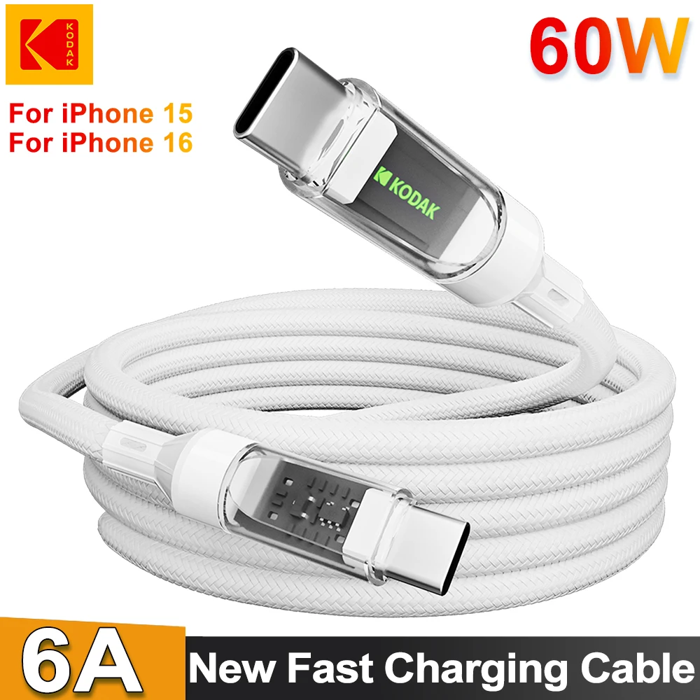 Kodak 60 Вт USB C — USB C Кабель для сверхбыстрой зарядки с подсветкой 1,2 м Подходит для iPhone 15 16 Samsung Xiaomi Huawei Кабель для зарядки