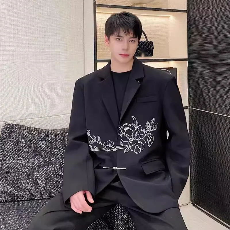 WVGA Spring Autumn New Man Tide Chinese Style Camellia Embroidery Shoulder Padded Trendy Blazer Niche Chic Casual Jackets W20536
