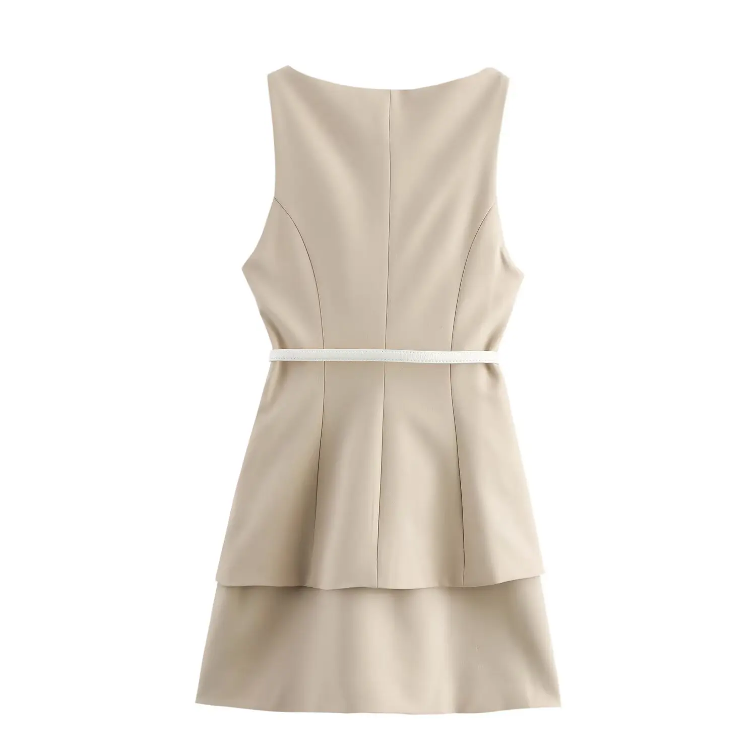 Vestido feminino bege sem mangas PB&ZA 2025 com cintura – definindo cinto branco e bolsos práticos para passeios elegantes