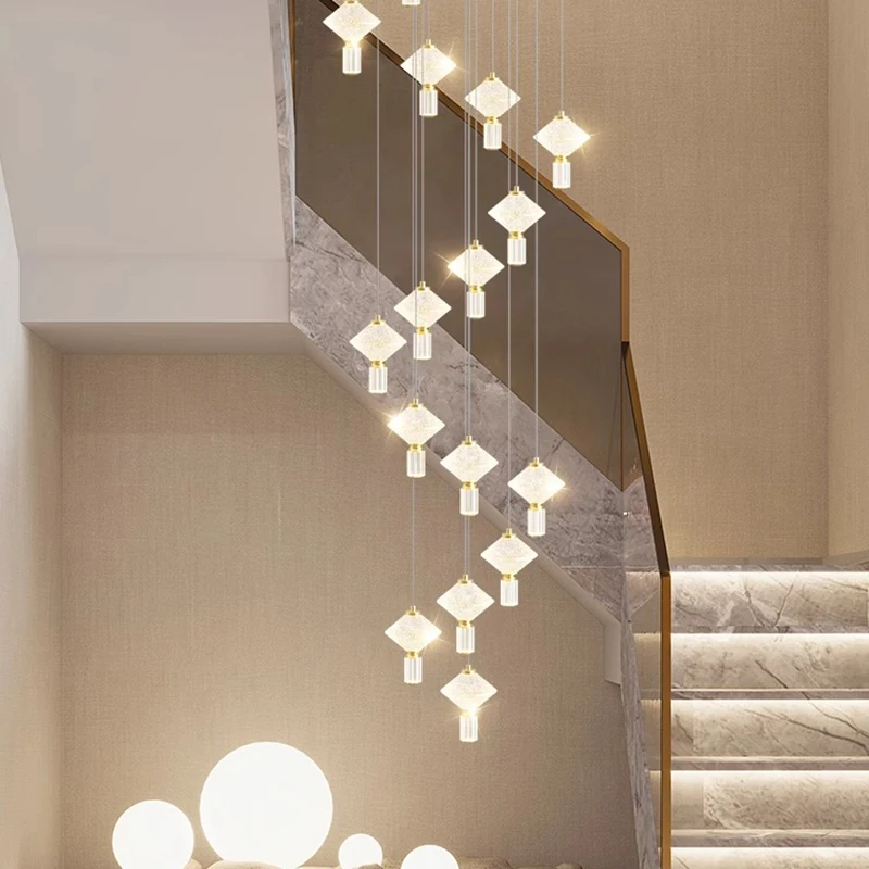

Modern Style Dimmable Pendant Lamp Luster Crystal Gold Hardware Frame Chandelier Adjustable Height for Hotel Villa Staircase