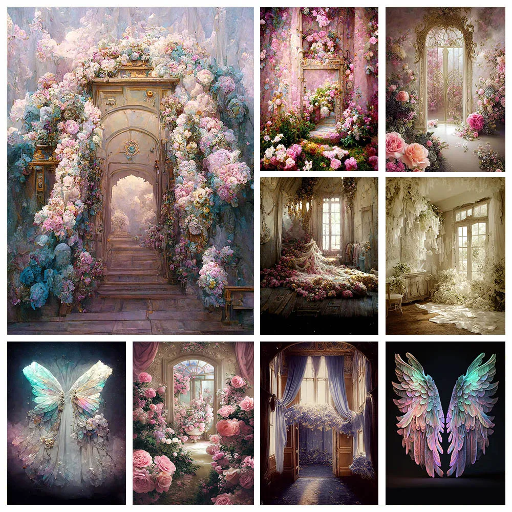 

Mehofond Vintage Oil Painting Photography Backdrop Princess Maternity Portrait Flower Garden Door Wings Decor Photo Background