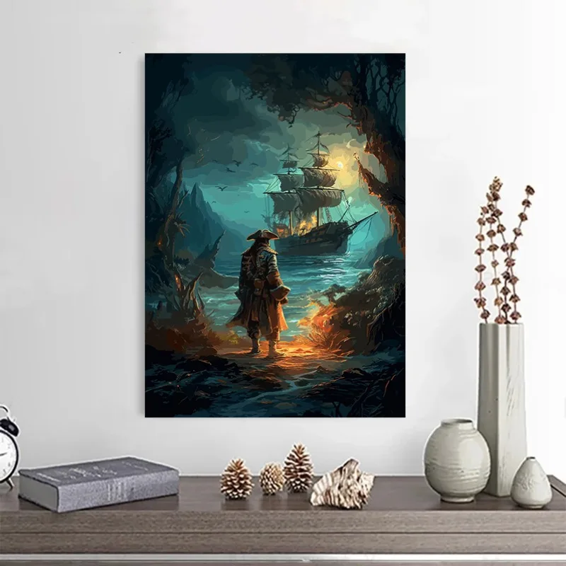 Pirate Ship and Captain Poster Moon Night Skull Canvas Painting Print for Living Room Kids Home Decor Cuadros