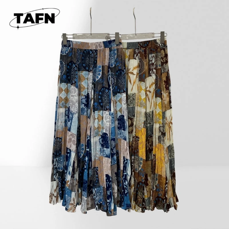 Vintage Print Pleated Maxi Skirt Women High Waist Elastic Waist Boho Elegant A-Line Long Skirt BE1007