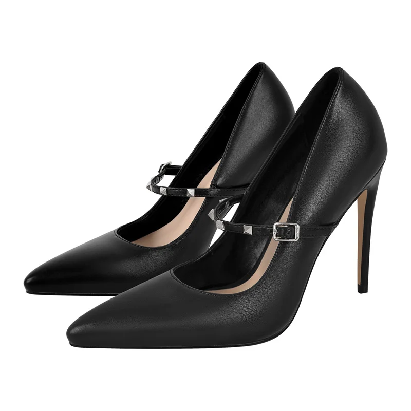 Onlymaker Women Pointed Toe Pumps Mary Jane Thin High Heel Shoes With Ankle Strap Balck Matte Pumps