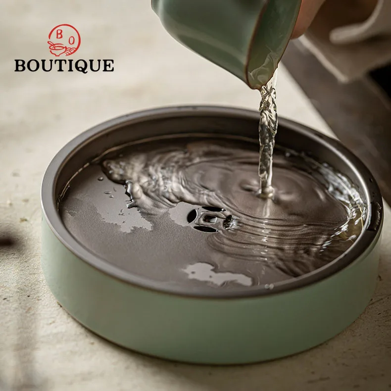 

Retro Ru Kiln Tin Cover Pot Bearing Ceramic Water Storage Tray Azure Porcelain Tea Ceremony Retro Kung Fu Tea Dry Brewing Table