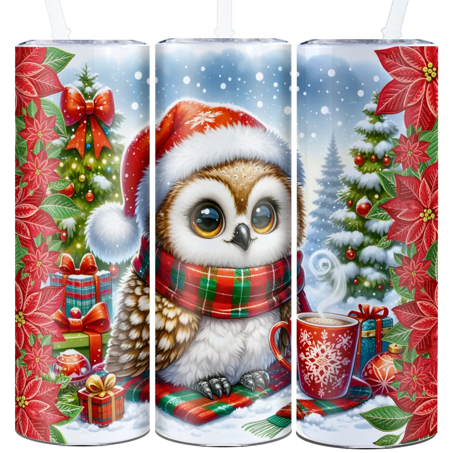

1Pc Xmas Tumbler Straw Lid 20oz Large Capacity Stainless Insulated Bottle 3D Print Owl Christmas Decors Festive Travel Tumbler