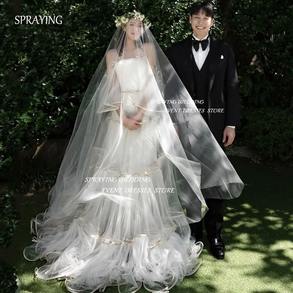 

SPRAYING Princess Strapless Wedding Korea Photo Shoot Dress 웨딩드레스 Ivory Tulle Floor Length Tiered Bridal Gowns Corset Customized