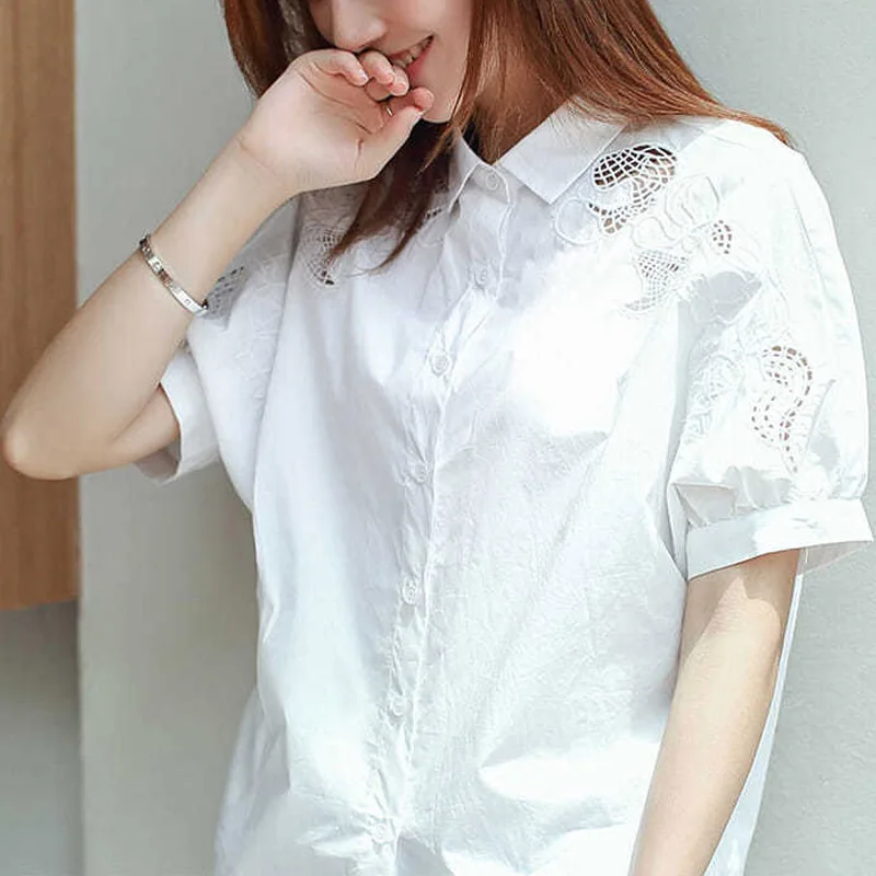 White Embroidered Hollow Out Blouse Women New Short Sleeve Polo Collar Office Single-breasted Lady All-match Chiffon Shirt