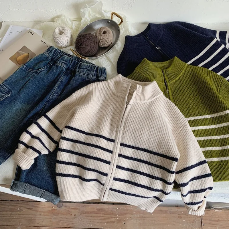 2024 Autumn New Kids striped sweater Coats Boys soft loose zipper Cardigan Girls knit outwear