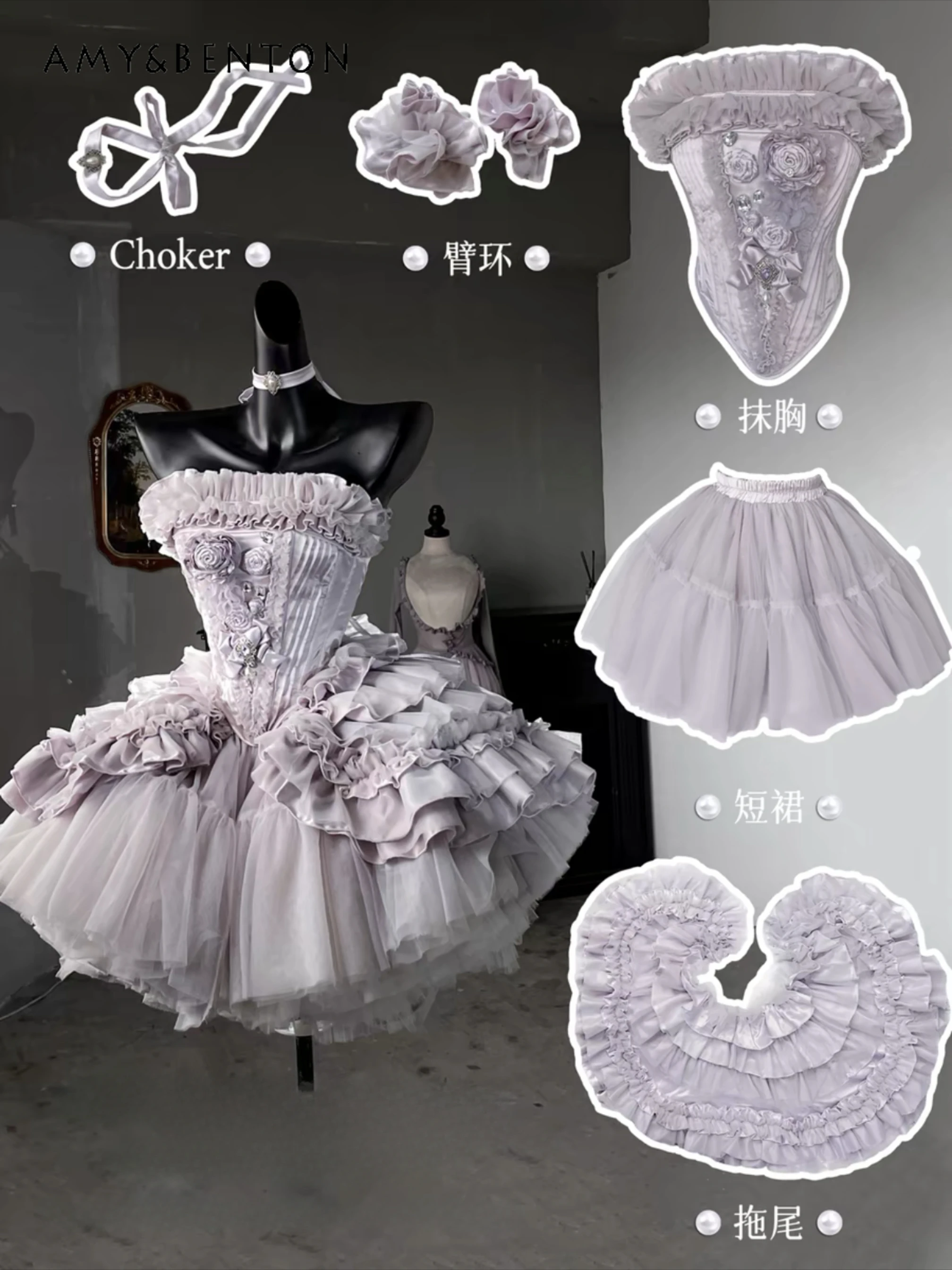 

High-End Lolita Princess Skirt Sets Summer New Sweet Tridimensional Flower Ruffled Strapless Top Slim Mini Skirt Two Piece Sets