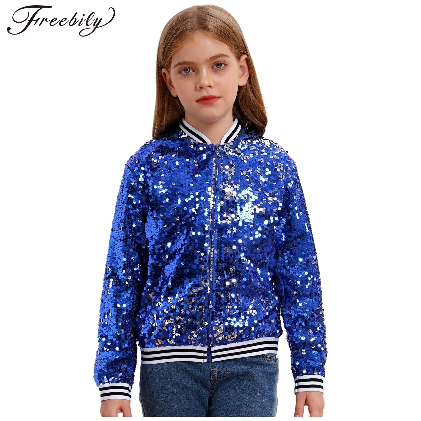 Children Girls Long Sleeve Zipper Shiny Sequin Baseball Jacket Hip Hop Jazz Street Dance Bomber Coat Stage Performance Costume