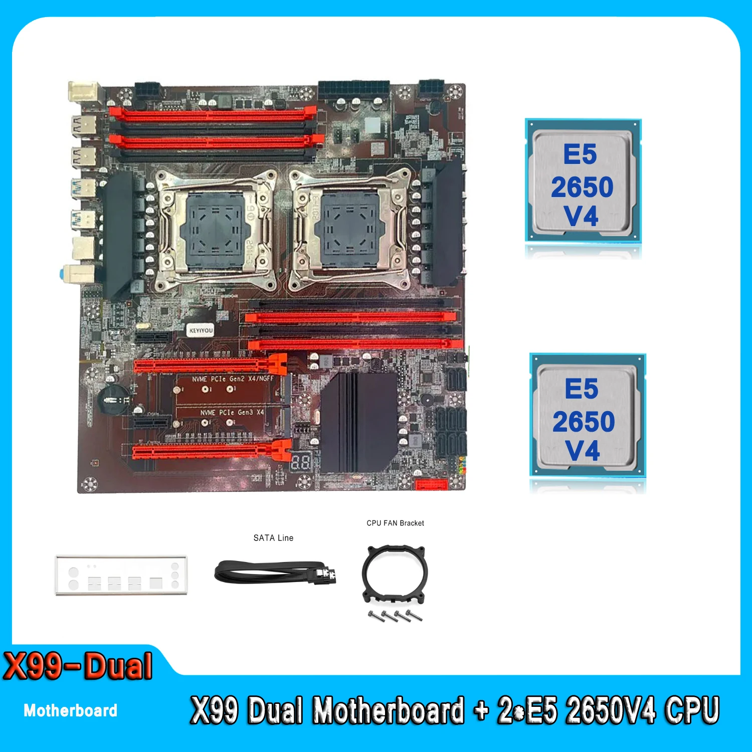 

X99 Dual Motherboard with Dual CPU Xeon E5 2650 V4 Processor Support 8*32GB DDR4 2133MHZ ECC REG Memory LGA 2011 Motherboard Set