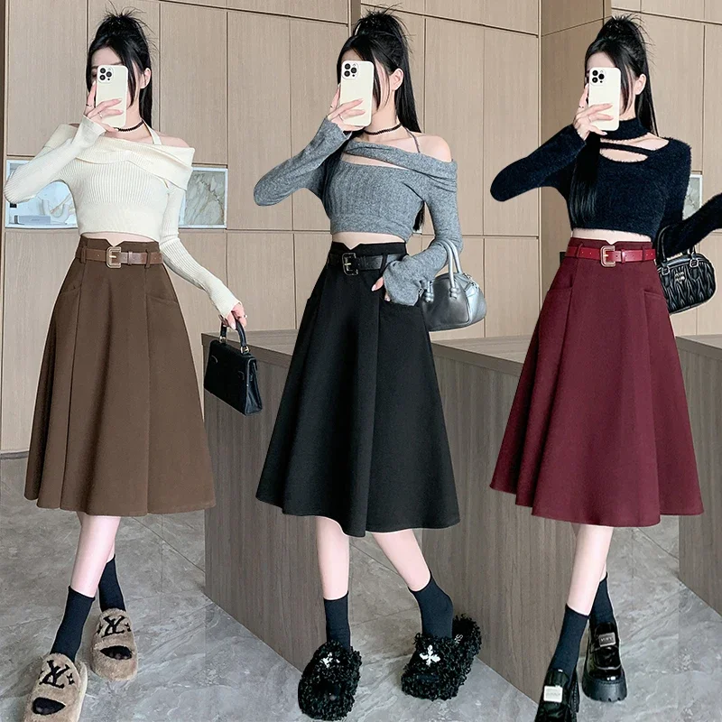 Fashion Woolen A-line Skirts for Women Casual High-waisted with Belt Skirts Office Lady All-match Pockets Skirts Mujer 2025 New