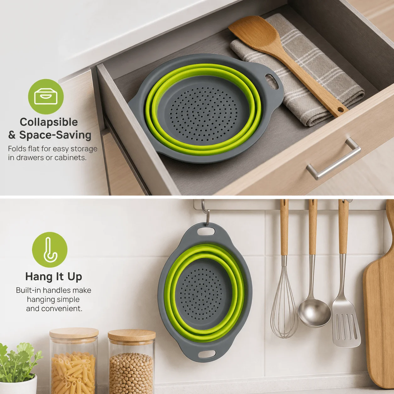 Collapsible Silicone Colander, Foldable Round Strainer Basket with Handles - view 6