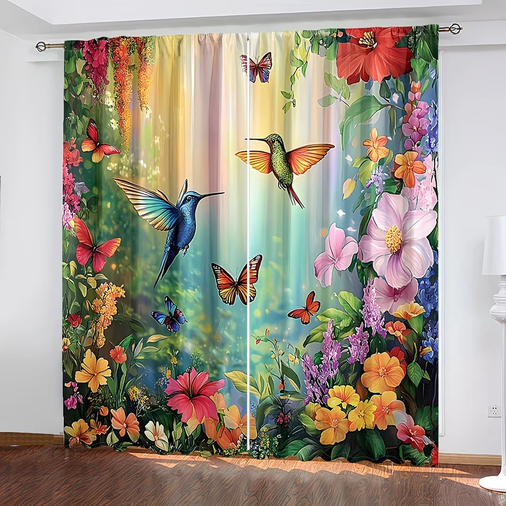 2Pcs Curtain Garden: Hummingbirds, Butterflies, and Flowers Window Drapes for Bedroom Living Room Decoration Window Treatment.
