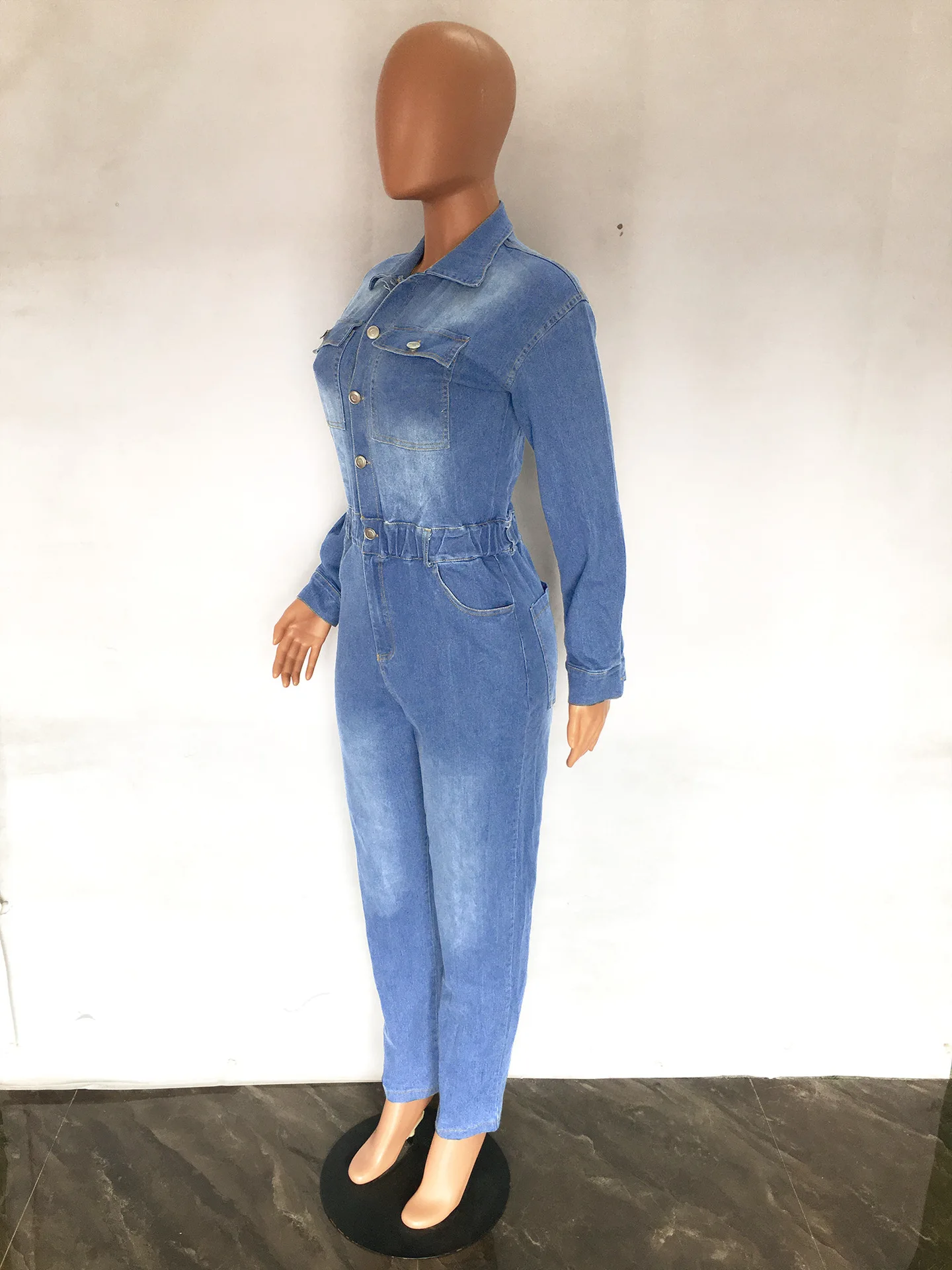 Barboteuse en Denim à Manches sulfpour Femme, Nouvelle Mode, Automne, Revers, Slim Fit, Confortable, Street Can Wear, Solide, Document, Dames