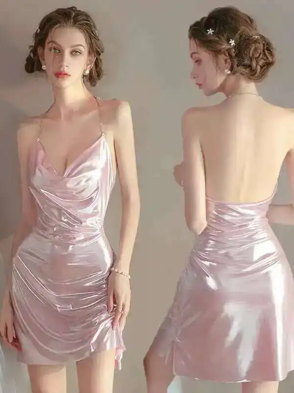 나이트클럽 섹시 반짝이 댄스 핫 유혹 백힙 탱크 미니 드레스 스위트 탑스 홀터넥 여성 드레스 우아한 2025 YTO8