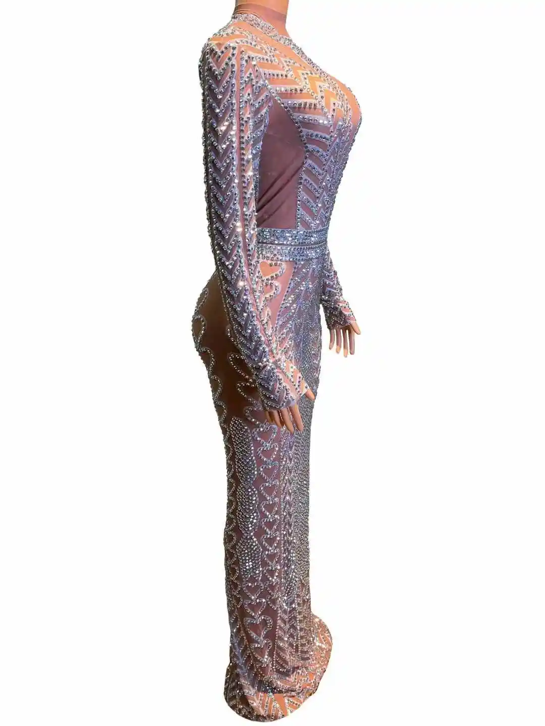 Sparkly Rhinestones Sexy Mesh Transparent Long Sleeves Prom Birthday Celebrate Party Evening Dress for Women Photo Shoot Wear