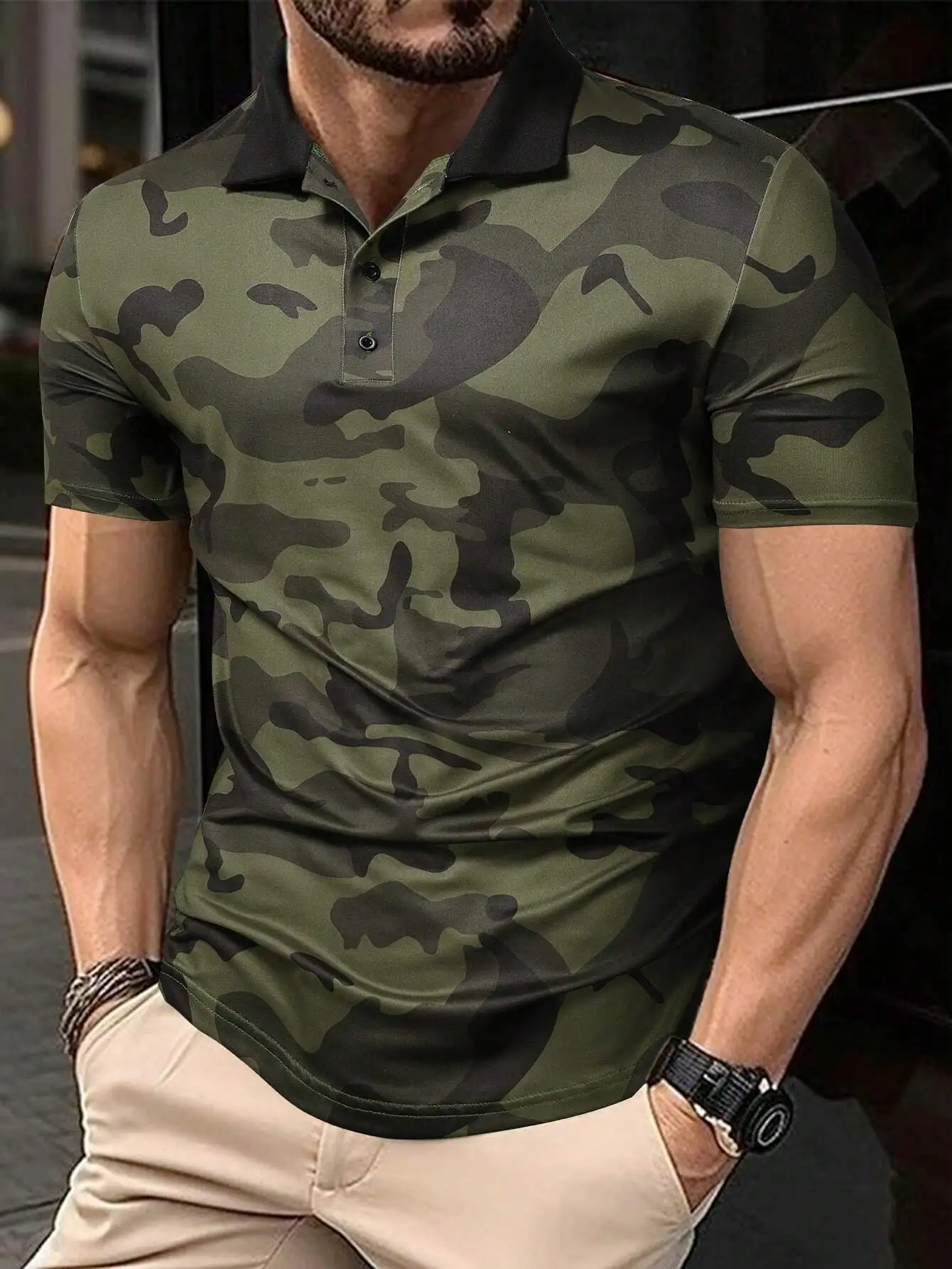 

Men's Camouflage Print Short Sleeve Polo Shirt with Collar and Button Placket