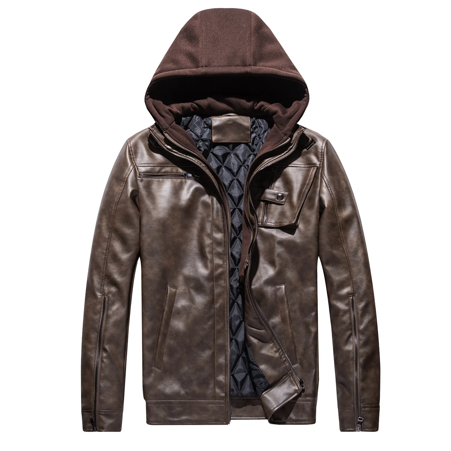 

Men's Hooded Motorcycle PU Leather Jacket Cotton Padded Thickened Coat Loose Outerwear Men