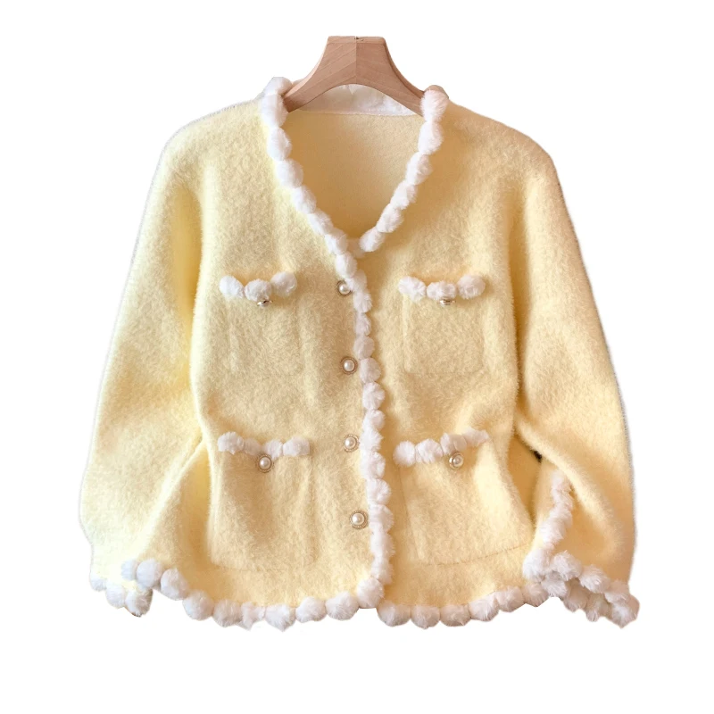 Suéter de piel de visón con cuello en V de estilo francés, abrigo elegante para mujer con temperamento a la moda y botones de perlas, cárdigan de manga larga para mujer