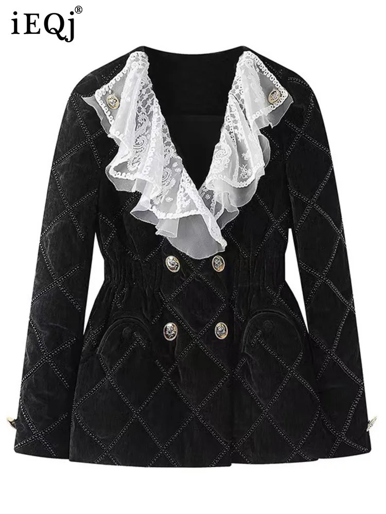 IEQJ Lace Patchwork Women Slim Down Jacket Double Breasted V Neck Long Sleeves Diamond Plaid 2025 Winter New Coat Female 3WM2733