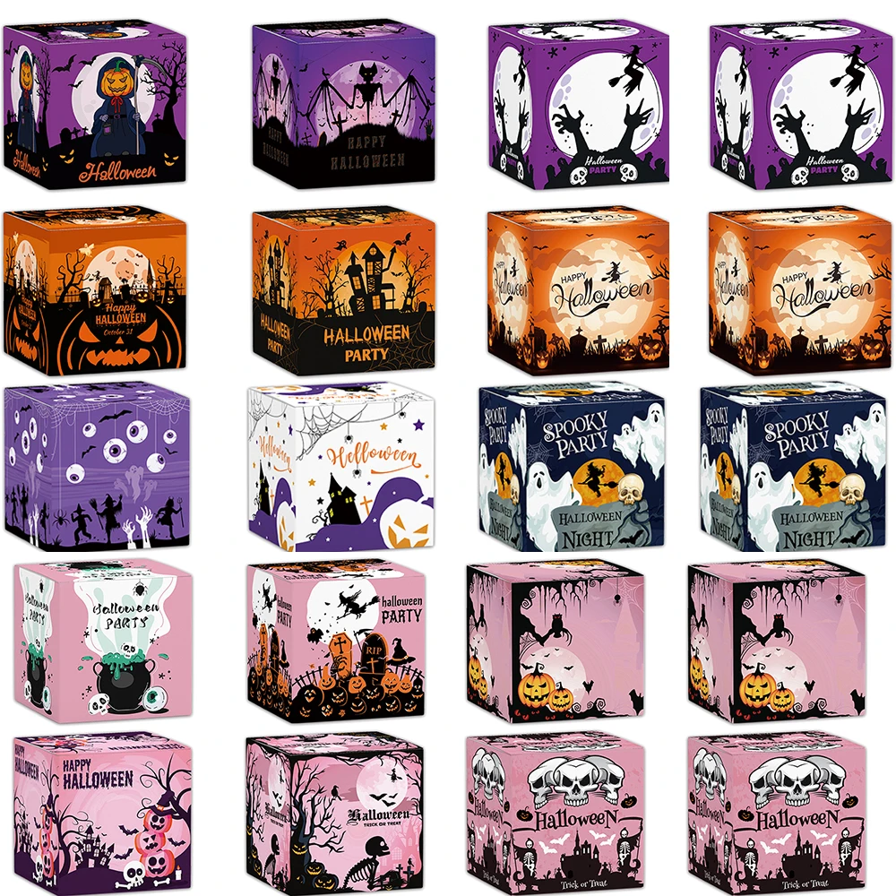 6pcs Halloween Square Gift Boxes Pumpkin Ghost Castle Pattern Candy Trick or Treat Packaging Box Halloween Home Party Supplies