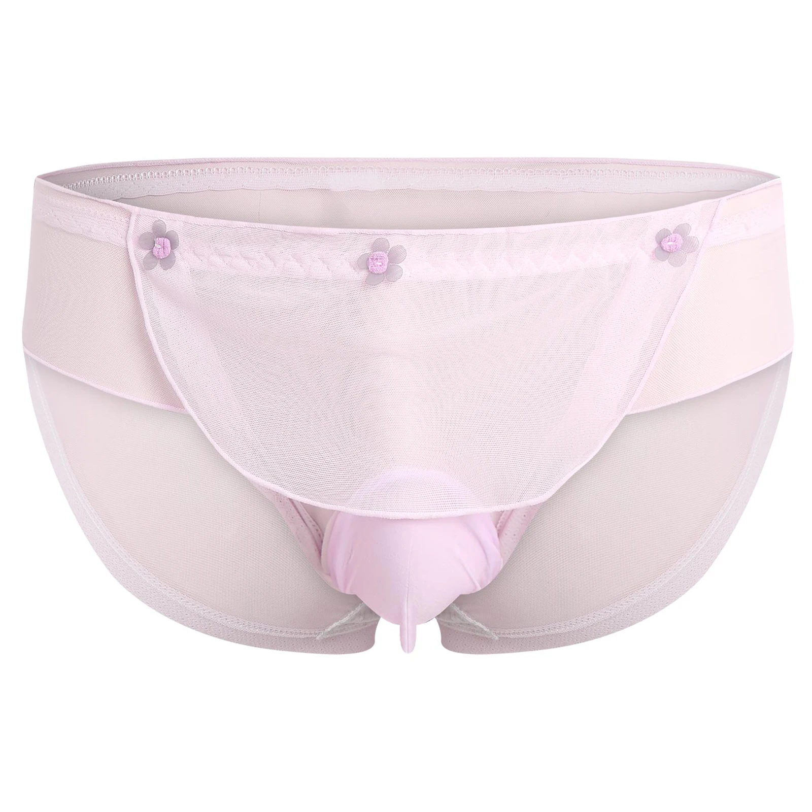 Mens Sissy Mesh Panties Ruffled Trim Flower Applique Bulge Pouch Sheer Briefs Japanese Sweetheart Style Underwear Lingerie