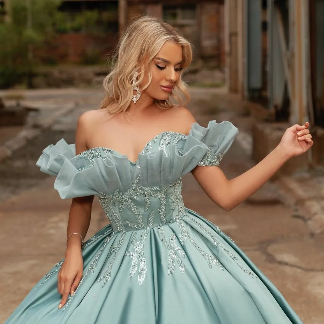 Meetlove Abiti da principessa Abiti da ragazza per la festa di ballo Increspato con scollo a cuore e perline con spalle scoperte Abiti per occasioni speciali Abiti in raso