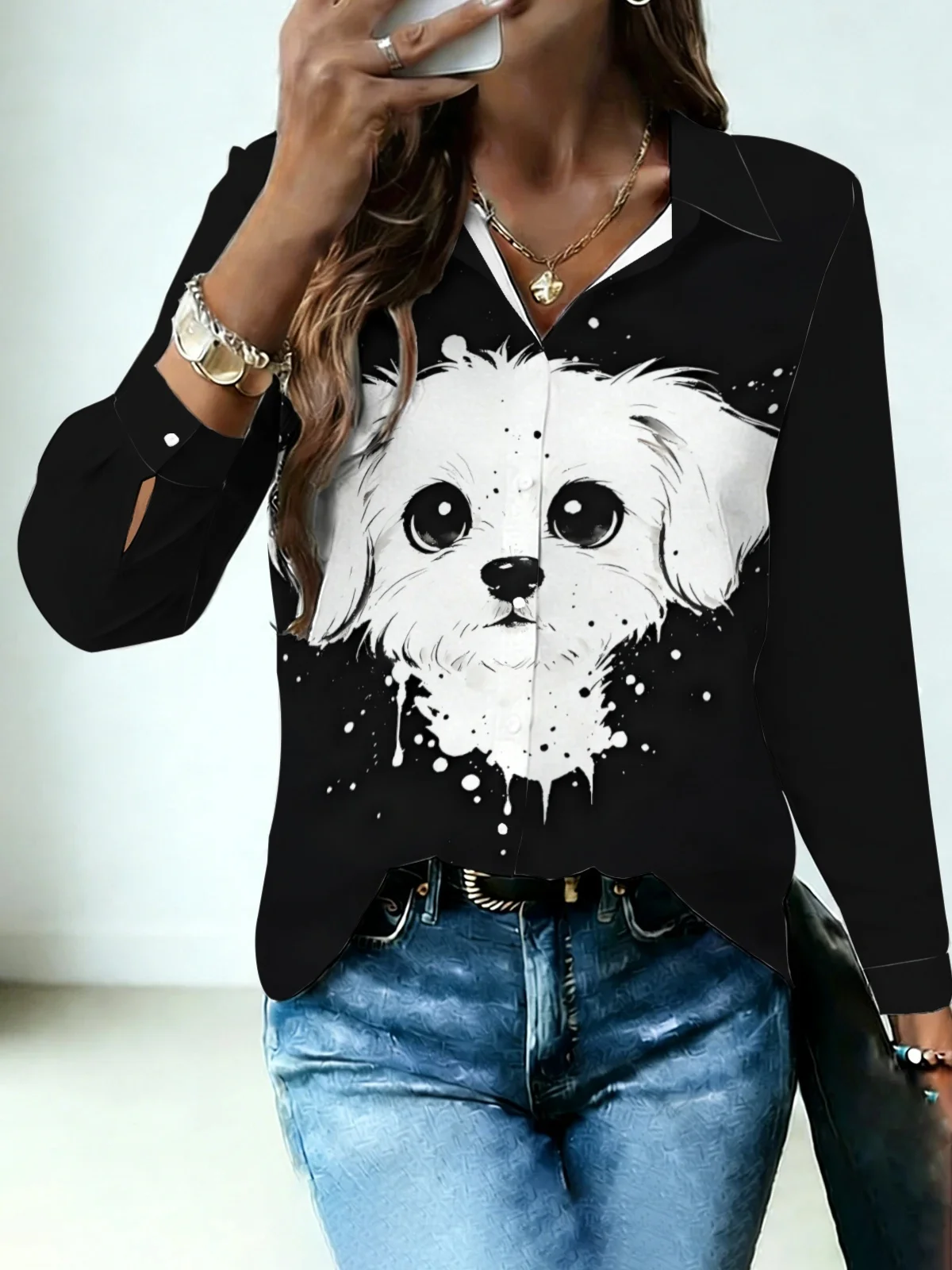 Cool Minimal Puppy Womens Collared Shirt Black Base Ink Splash White Maltese Allover Print Long Sleeve Travel Street Dating Blou