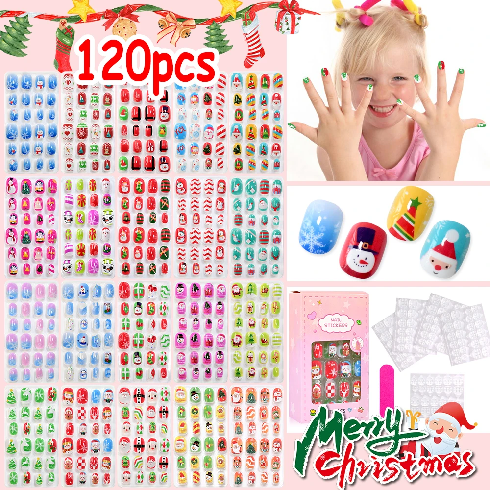 

120pcs Christmas Party Children's Fake Nails Colorful Cute Cartoon Christmas tree Snowman Press on Nails for Girls Xmas Gift DIY