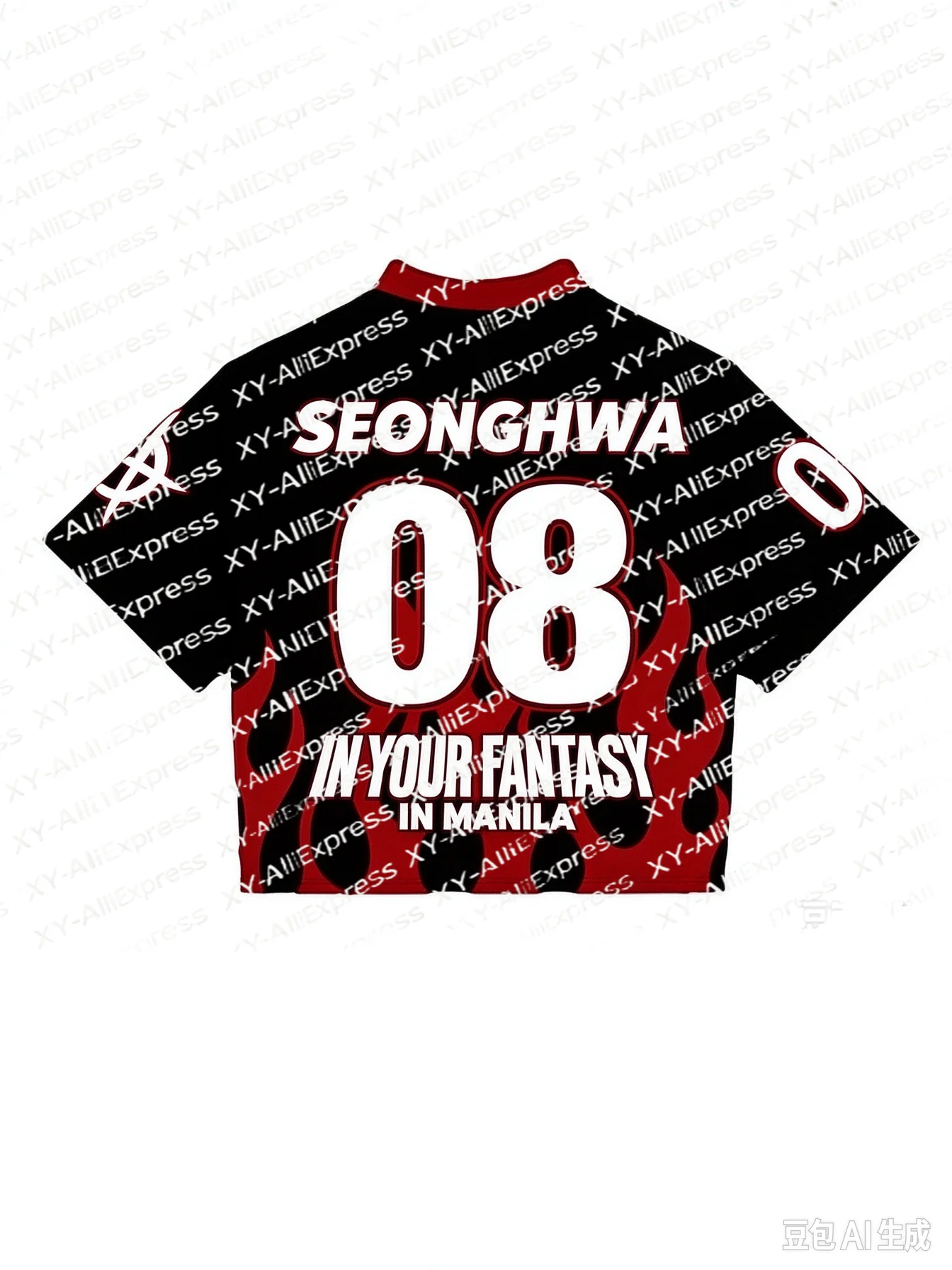Edgy Red Black Flame Cropped Sport Tee, V Neck Breathable Mesh Top, Perfect for K-pop Events, Festivals and Trendy Daily Wear
