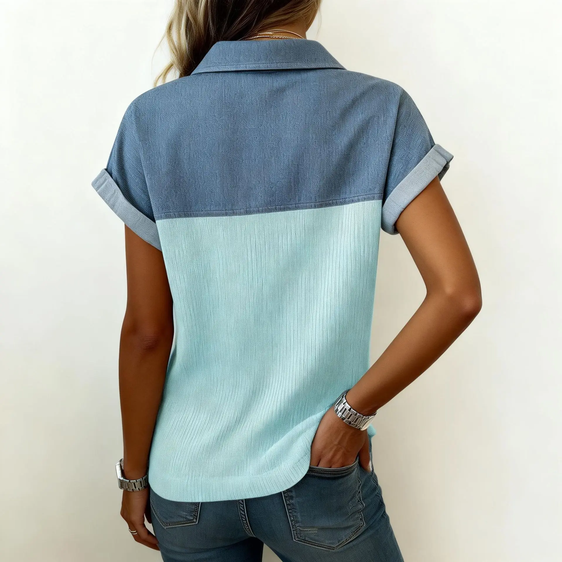 Summer Turn-down Collar With Button Short Sleeved T Shirt Top Women Multi Color Splicing Design Casual Versatile T-shirts Tops