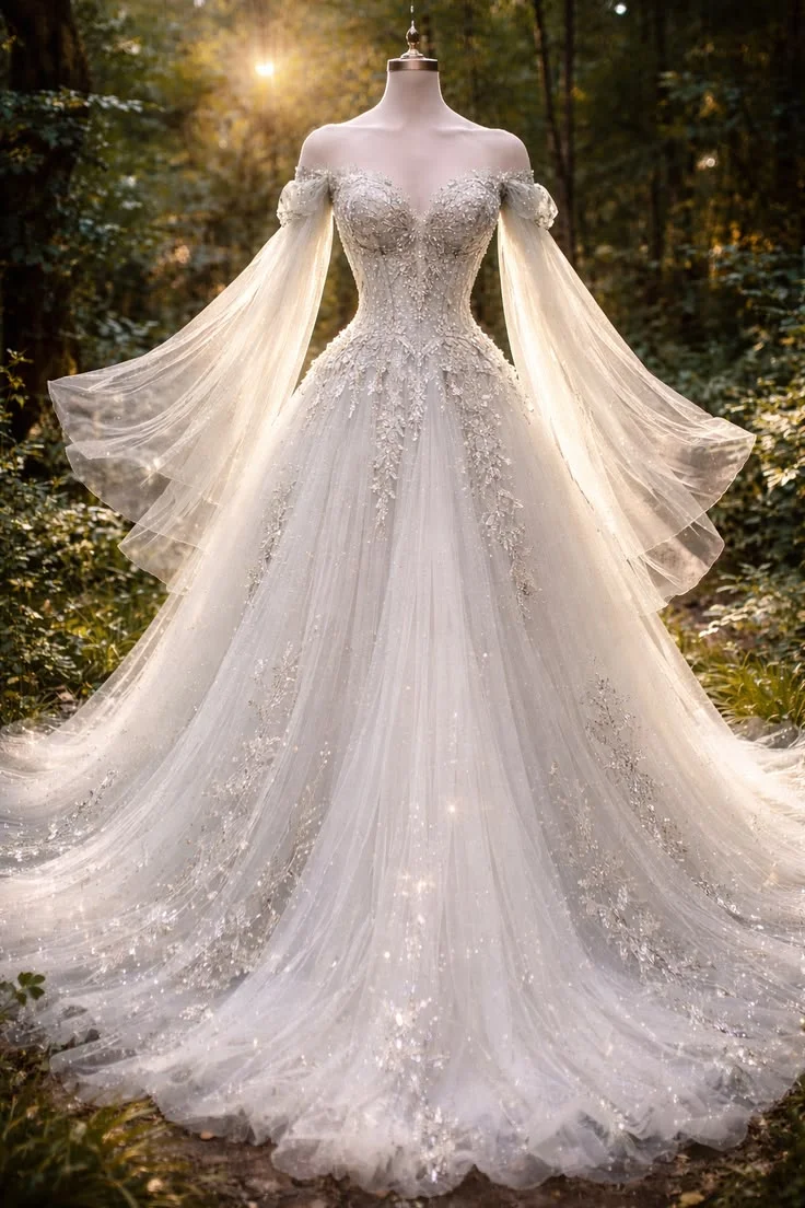 Ätherisches weißes trägerloses Brautkleid im viktorianischen Stil mit Feenärmeln, Perlenbesatz und plissierten Verzierungen, maßgeschneiderte Hochzeitskleider