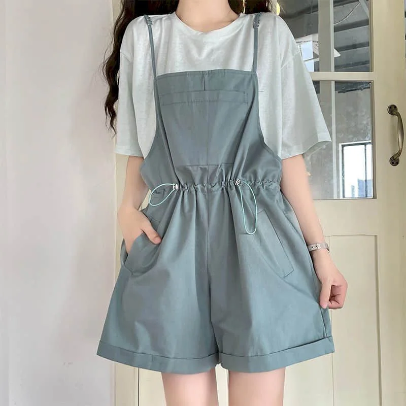 

Solid Jumpsuits Women Vintage Korean Style One Piece Outfit Casual Cropped Rompers Solid Five Point Pants Summer Women Clothing