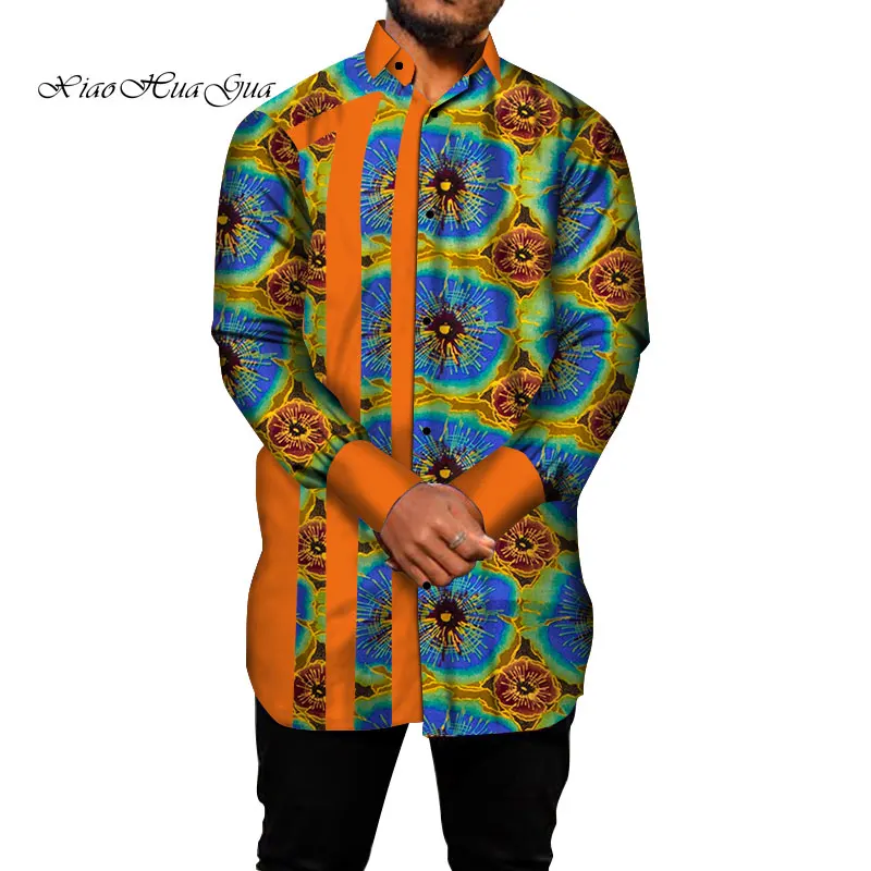 Men African Ankara Wax Print Long Sleeve Shirts Lapel Collar Patchwork Color Block Button Down Tops Ethnic Dashiki Casual Shirt