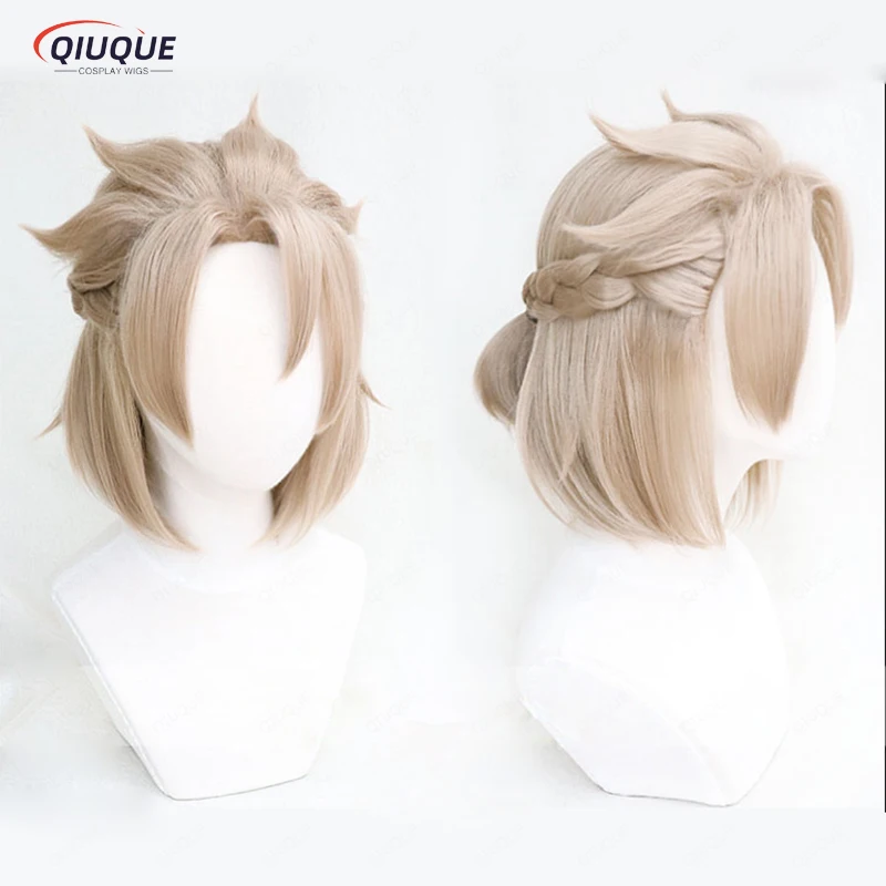 

High Quality Impact Albedo Cosplay Wig 35cm Short Braided Small Ponytail Heat Resistant Hair + Wig Cap