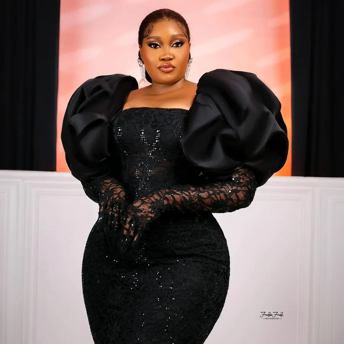 Customized African Nigeria Plus Size Prom Dresses Mermaid Evening Dresses Long Sleeves Lace Beaded Black Women Engagement Gown
