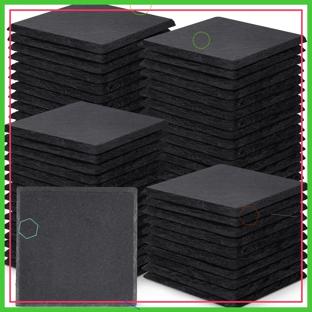 

72-Piece Black Slate Coaster Set, 4-Inch Square Laser Engraving Blanks with Anti-Scratch Bottom for Home Office Gifts