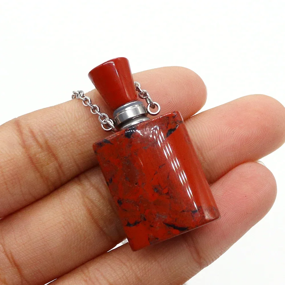 Rose Quartz Perfume Bottle Necklace Rectangular Crystal Geometric Smooth-Surface Essential Oil Bottle Pendant Necklace Wholesale