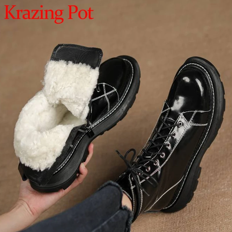 

Krazing Pot Wool Cow Leather Round Toe Med Heels Snow Boots Cold-resistant Fur Deign Brand Retro Fashion Lace-up Ankle Boots