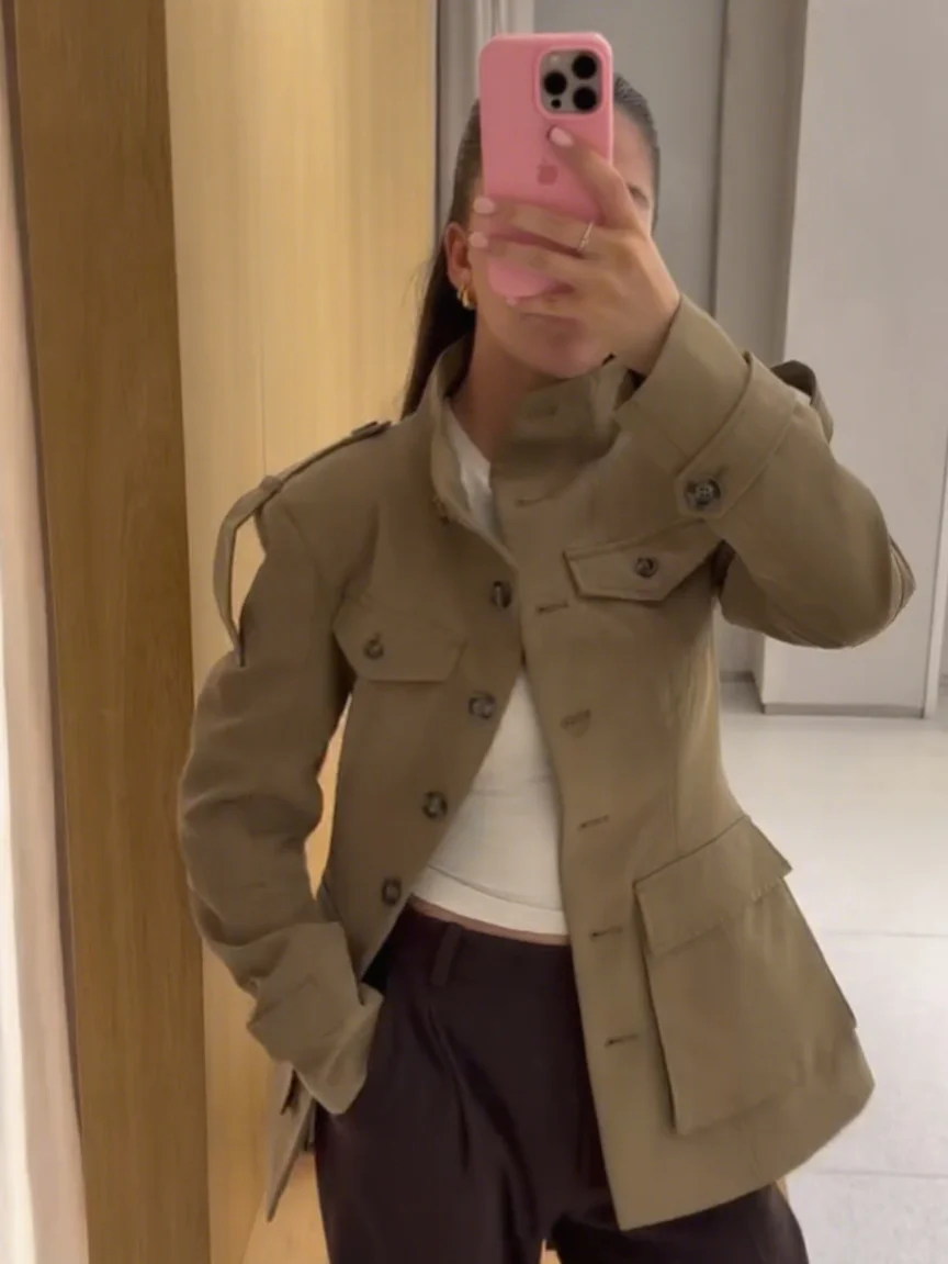 Куртки с воротником-стойкой и пуговицами, женские куртки с тонкой талией, винтажная верхняя одежда, топы с карманами, хаки, женская одежда, тренды 2023 года