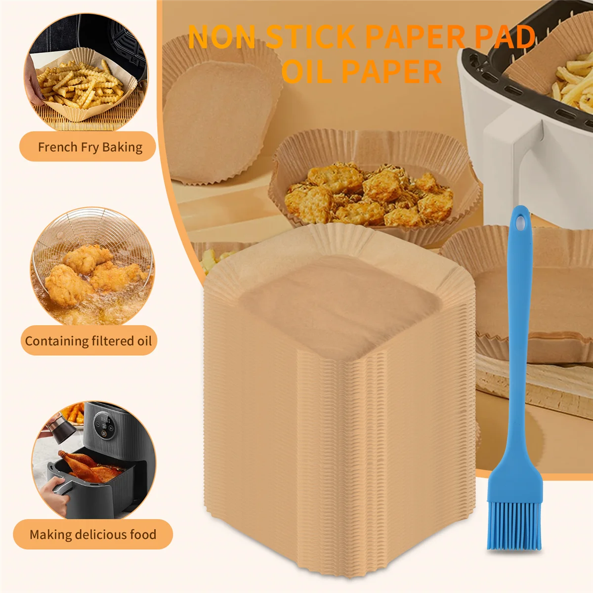 Papel para hornear CALIENTE para freidora de aire caliente cuadrado (20 cm), paquete de 100 papel para hornear Airfryer papel antiadherente desechable impermeable