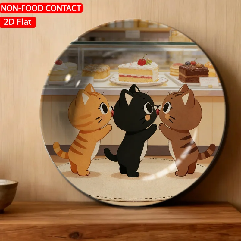1pc Cute Cartoon Cats Pastel Ceramic Plate Non-food Contact, Home Desk Ornaments, Living Room and Bedroom Decorations, Suitable