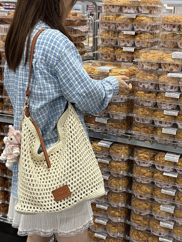 2025 صيف جديد حقيبة نسائية صغيرة شاطئ Vaion السفر المنسوجة الجوف خارج حقيبة كتف الكورية Sle القطن اللون حقيبة